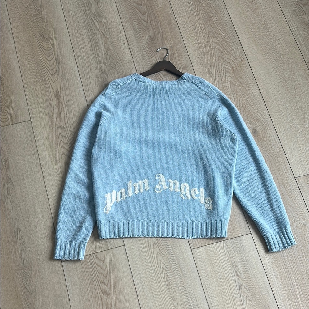 Palm Angels Blue Crew Neck Sweater with Gothic Branding